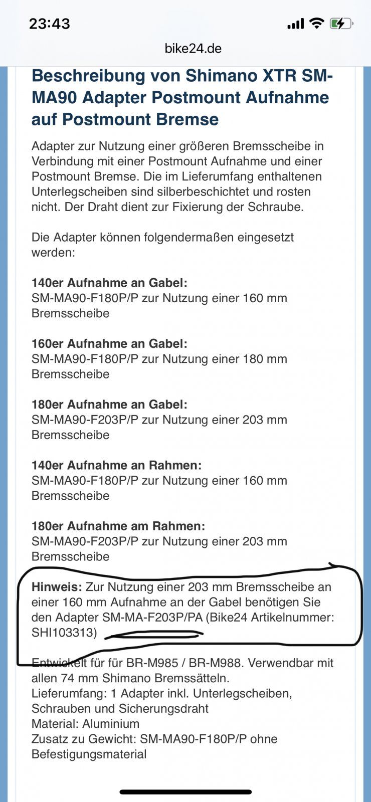 Shimano Disc Adapter-Schraube F180PP